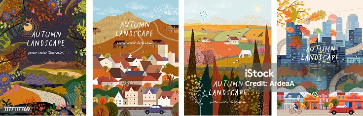 istock Autumn nature, village, country, city landscapes. Vector illustration of natural, urban and rustic background for poster, banner, card, brochure or cover. 1177117769