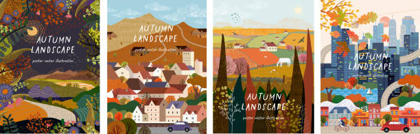 Autumn nature, village, country, city landscapes. Vector illustration of natural, urban and rustic background for poster, banner, card, brochure or cover. Autumn nature, village, country, city landscapes. Vector illustration of natural, urban and rustic background for poster, banner, card, brochure or cover. fall scenery stock illustrations