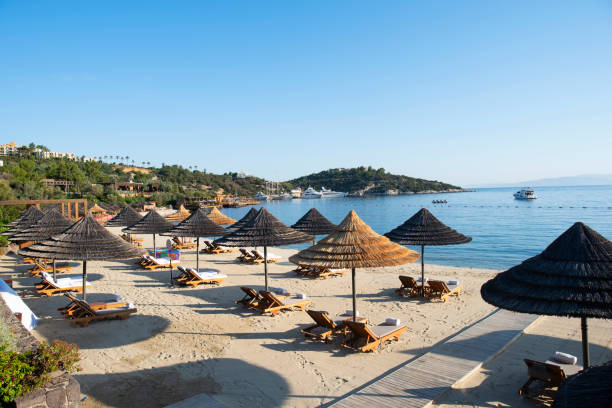 istock Beach chairs with umbrellas and beautiful sand beach 1177118352