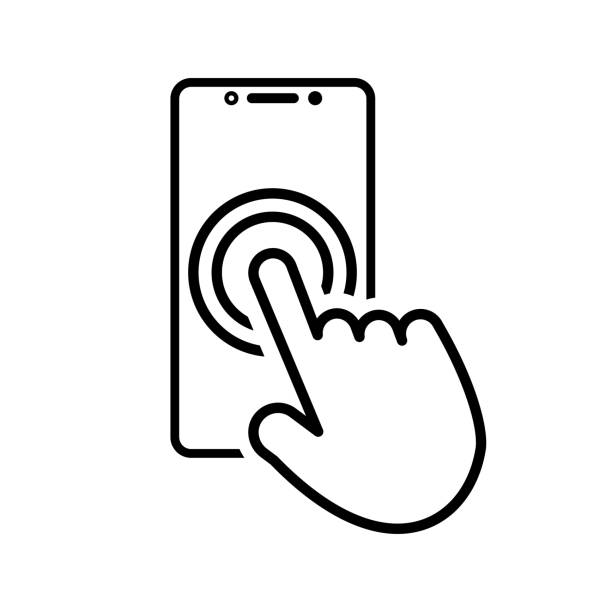ilustraciones, imágenes clip art, dibujos animados e iconos de stock de icono táctil de smartphone con la mano para tus proyectos - stroking