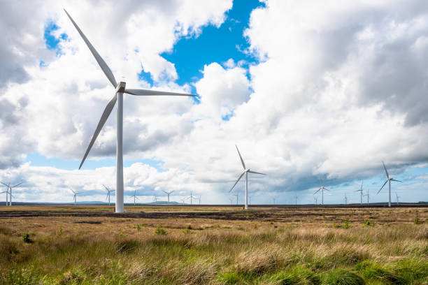 istock Wind turbines in a field and partly cloudy sky 1177119563