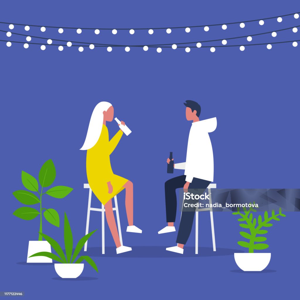 Weekend activities. Romantic date in a garden. Outdoor cafe terrace. String lights and plants. Hipster cafe. Summer. A couple drinking beverages. Flat editable vector illustration, clip art Patio stock vector