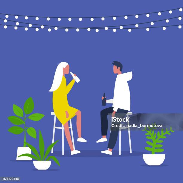 Weekend Activities Romantic Date In A Garden Outdoor Cafe Terrace String Lights And Plants Hipster Cafe Summer A Couple Drinking Beverages Flat Editable Vector Illustration Clip Art Stock Illustration - Download Image Now