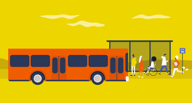 busbahnhof. tägliches pendeln. öffentliche verkehrsmittel. flache editierbare vektor-illustration, clipart. urbane szene - öffentliches verkehrsmittel stock-grafiken, -clipart, -cartoons und -symbole