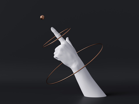 3d render, white decorative female mannequin hand isolated on black background, finger pointing up, spinning golden rings, body part, fashion concept, esoteric fortuneteller, clean minimal design