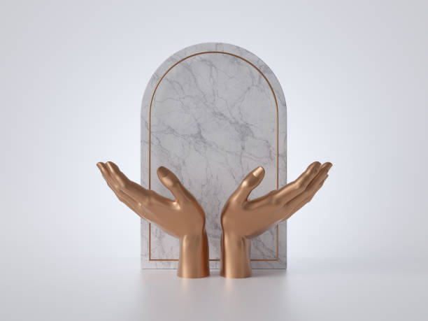 istock 3d render, golden mannequin hands isolated on white background, marble panel template, blank frame, spiritual concept, shop display, luxury minimal mockup, product showcase, simple clean design 1177124636