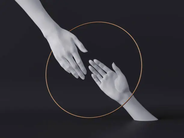 Photo of 3d render, white female hands isolated, luxury fashion background, helping hands inside round frame, golden ring, mannequin body parts, feminist, partnership concept, clean minimal design