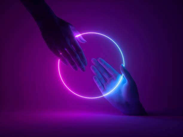 istock 3d render, abstract minimal neon background, mannequin hands interacting, holding pink blue glowing round frame, ultraviolet light, fashion concept, virtual reality 1177124667