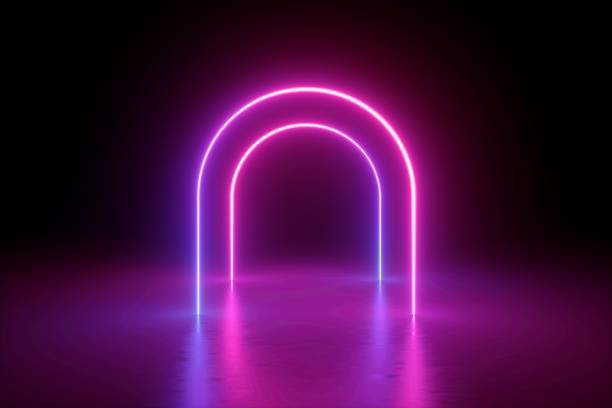 istock 3d render, abstract minimalist background, pink violet neon line, arches glowing in the dark, blank space, ultraviolet light, 80's retro style, fashion show, performance stage design 1177124690