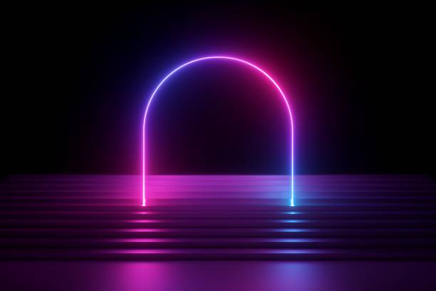 istock 3d render, abstract neon background, pink blue glowing round arch and stairs, performance stage design, empty fashion podium, ultraviolet light 1177124703
