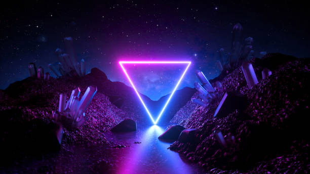 istock 3d render, abstract neon background, mystical cosmic landscape, pink blue glowing triangle, triangular frame, terrain, virtual reality, dark space, ultraviolet light, crystal mountains, rocks, ground 1177124725