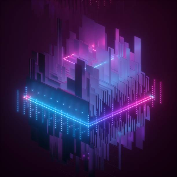 istock 3d render, neon abstract background, geometric cubic shapes in ultraviolet light, virtual blueprint, pink blue glowing glitch effect, cybernetic system, futuristic computing technology 1177124759