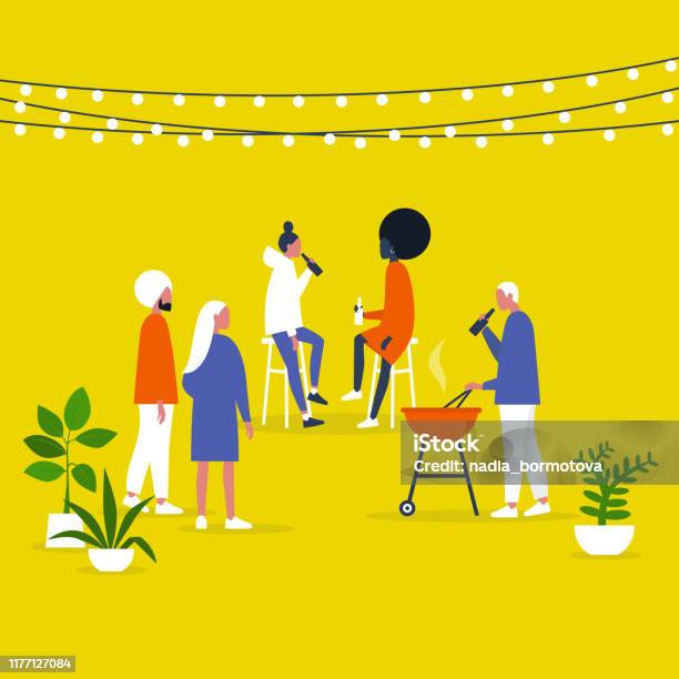 Ilustración de Bloqueo De La Fiesta Jardín Patio Trasero Luces De Cuerda Y Plantas Al Aire Libre Estilo De Vida Milenario Se Reúnen Amigos Ilustración Vectorial Editable Plana Imágenes Prediseñadas y más Vectores Libres de Derechos de Fiesta