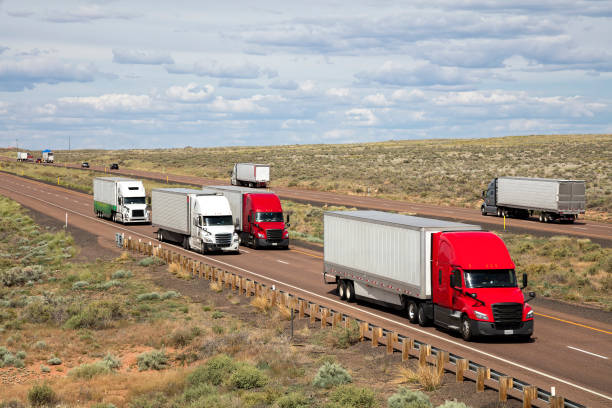 Semi Trucks Speeding on Route 66, Arizona, USA stock photo