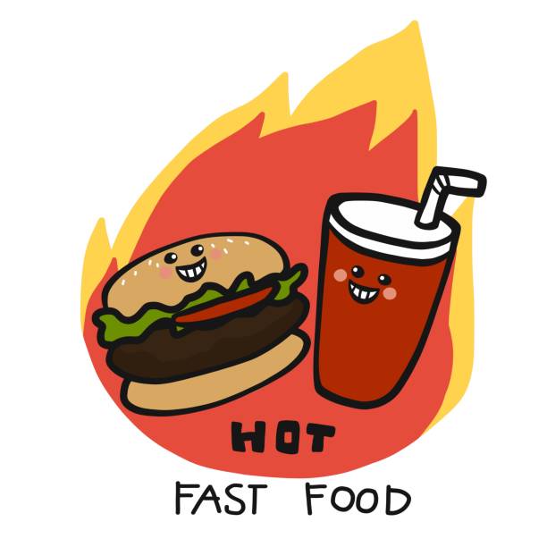 hot fast food hamburger i napój sodowy na logo ognia kreskówka ilustracja wektorowa - hamburger bun barbecue sign stock illustrations