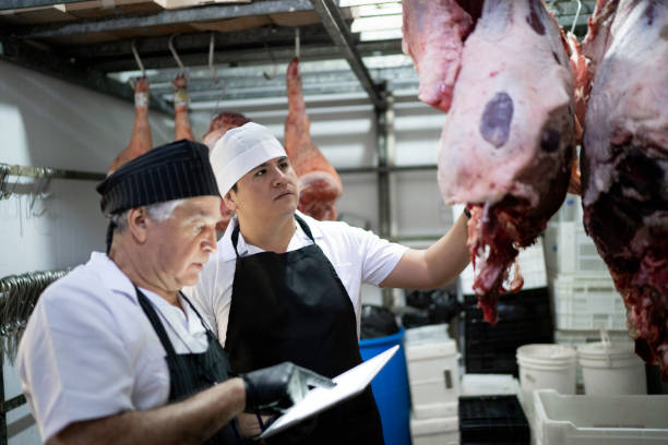 Butchers using digital tablet to analyze products in a meat locker