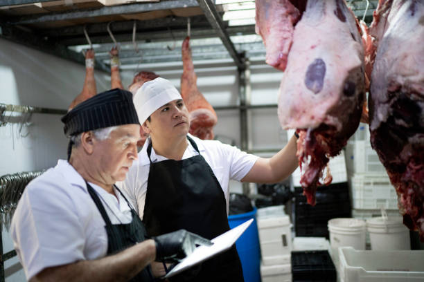 Butchers using digital tablet to analyze products in a meat locker Butchers using digital tablet to analyze products in a meat locker meat locker photos stock pictures, royalty-free photos & images