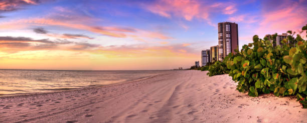 por do sol sobre a praia norte da costa do golfo ao longo da costa de nápoles - florida naples florida beach sunset - fotografias e filmes do acervo