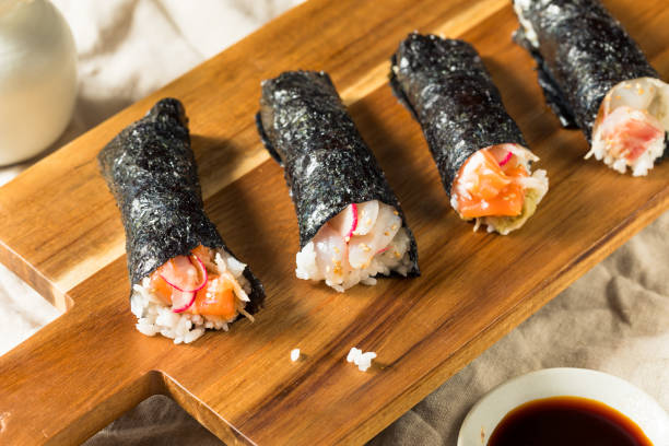 homemade sushi temaki hand rolls - handroll imagens e fotografias de stock