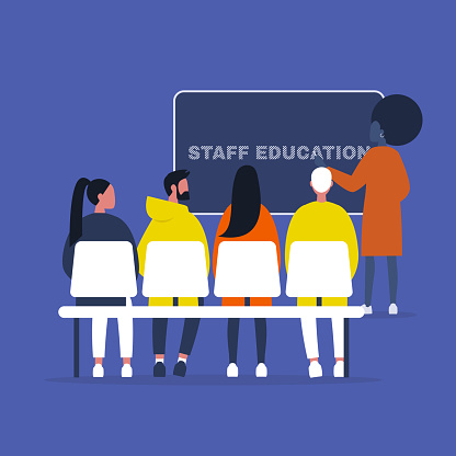 Staff education. Office workshops and seminars. Human resources. Career. Modern workers. Flat editable vector illustration, clip art