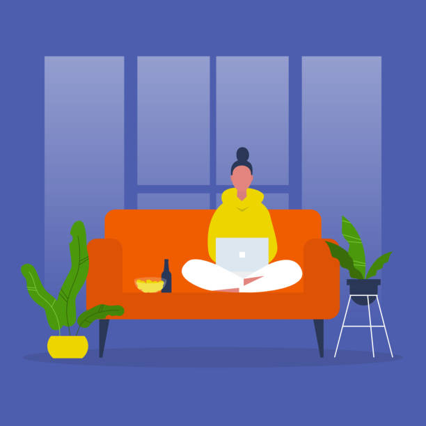Young female character sitting on sofa and watching TV series on a laptop. Snacks and beer. Leisure. Weekend activities. Chill. Flat editable vector illustration, clip art Young female character sitting on sofa and watching TV series on a laptop. Snacks and beer. Leisure. Weekend activities. Chill. Flat editable vector illustration, clip art gen z stock illustrations