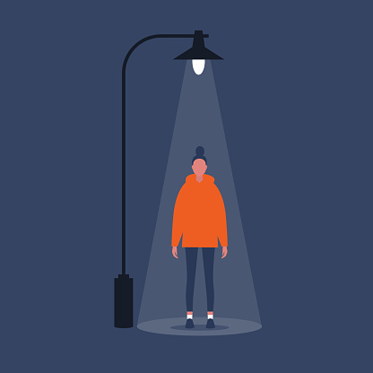 Urban scene. Young female character standing under the light of a lantern. Conceptual flat illustration, clip art