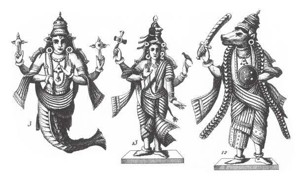 ilustrações, clipart, desenhos animados e ícones de vishnu como um peixe, siva como hermafrodita, vishnu como kaninki, penitents hindu, figuras religiosas e parafernália; ídolos mongóis; figuras de buda gravura antiga ilustração, publicado 1851 - tantric buddhism