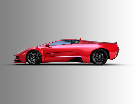 3D Rendering image showing a concept design made by my own. This is one image out of a series with different angles. Red metalic supersport car on dark background. This is the perfect stuff for people how need race cars, supersport cars without any manufacture brand.
