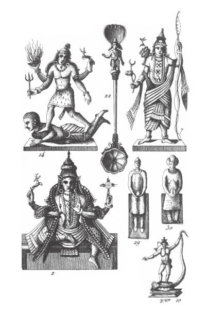 ilustrações, clipart, desenhos animados e ícones de vishnu e siva, siva no muyelagin gigante, penitents hindu, figuras religiosas e parafernália; ídolos mongóis; figuras de buda gravura antiga ilustração, publicado 1851 - tantric buddhism