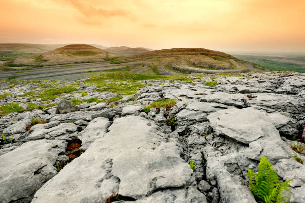 Spectacular landscape of the Burren region of County Clare, Ireland. Exposed karst limestone bedrock at the Burren National Park. stock photo