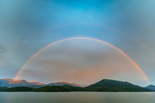 A rainbow arcs over the landscape and the Grenville Channel, Inside Passage