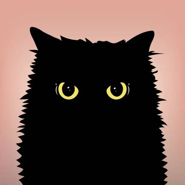 Vector illustration of Angry black cat face with big eyes on the peach color background. Yellow cat's eyes. Flat and minimal style. Vector Illustration.