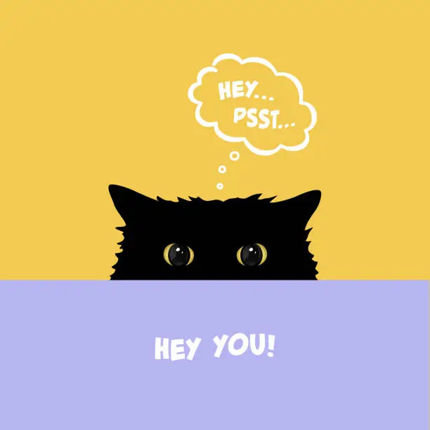 Vector illustration of Black cat playing Hide and Seek. Cute cat with yellow eyes peeking over table. Flat illustration with comic dialog cloud with psst text. Vector Illustration.