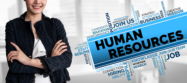 Human Resources Recruitment and People Networking Concept. Modern graphic interface showing professional employee hiring and headhunter seeking interview candidate for future manpower.