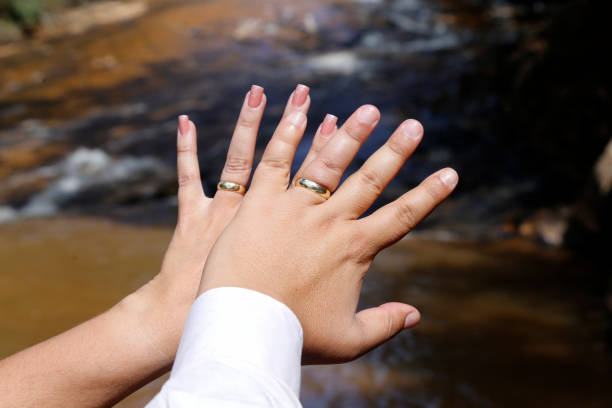Bride and groom wearing wedding rings