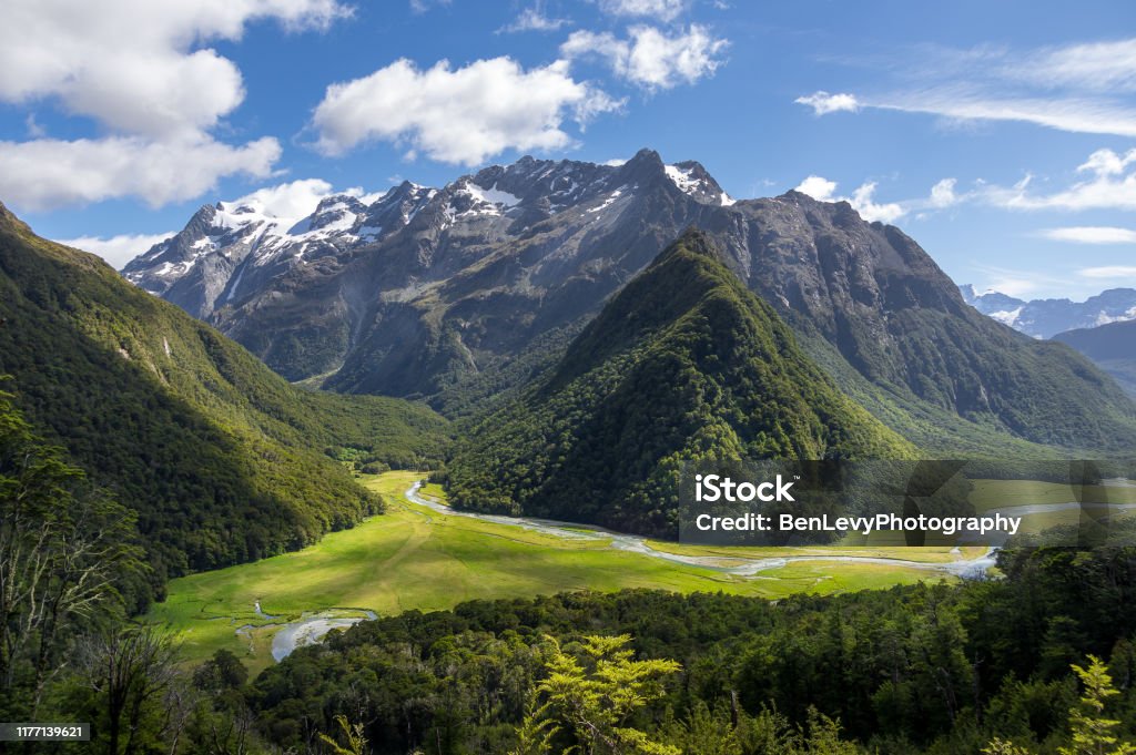 Routeburn Track View along the great walk Routeburn track, in New Zealand, south island. Majestic mountain views. New Zealand Stock Photo