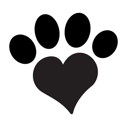 Paw with Heart Icon. Concept for Healthcare Medicine and Pet Care. Outline and Black Domestic Animal. Pets Symbol, Icon and Badge. Simple Vector illustration.