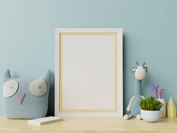 istock Mock up posters in child room interior, posters on empty blue wall background. 1177145192