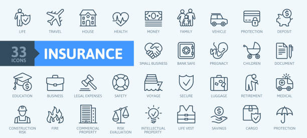 Insurance elements - minimal thin line web icon set. Outline icons collection. Simple vector illustration. Insurance elements - minimal thin line web icon set. Outline icons collection. Simple vector illustration. insurance stock illustrations