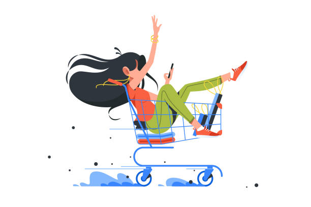 Funny young girl rides shopping cart after order complete. Funny young girl rides shopping cart after order complete. Isolated concept happy woman character buys things in online store using smartphone. Vector illustration. e commerce paying buying sale stock illustrations