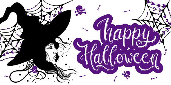 Happy Halloween web banner with witch,spiderweb,bones and skulls