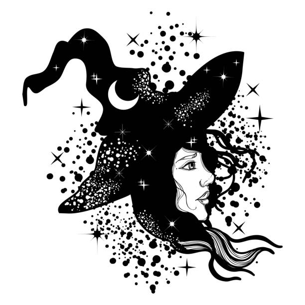 Silhouette of a witch with face in profile and hat. Tattoo art style, Halloween concept. Silhouette of a witch with face in profile and hat. Tattoo art style, Halloween concept. moon silhouettes stock illustrations