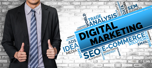 Digital Marketing Technology Solution for Online Business Concept - Graphic interface showing analytic diagram of online market promotion strategy on digital advertising platform via social media.