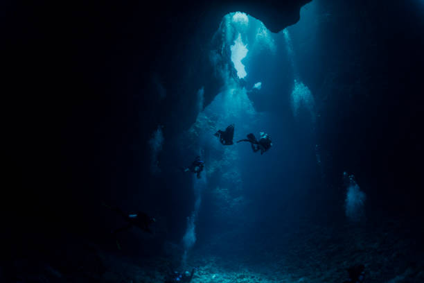 istock dive into cave in Palau blue hole 1177149522