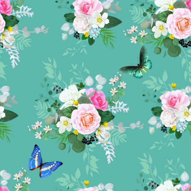 ilustrações de stock, clip art, desenhos animados e ícones de beautiful seamless pattern with floral bunches of roses for spring dress fabric - leaf flower head bouquet daffodil