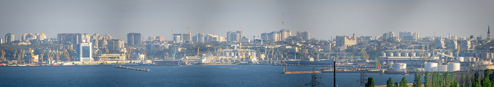 Panoramic view of the port of Odessa, Ukraine, from the sea on a sunny summer day