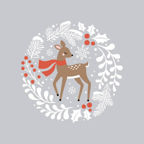 illustrations, cliparts, dessins animés et icônes de cerfs vecteurs dessinés à la main mignons dans la couronne. - christmas winter december deer