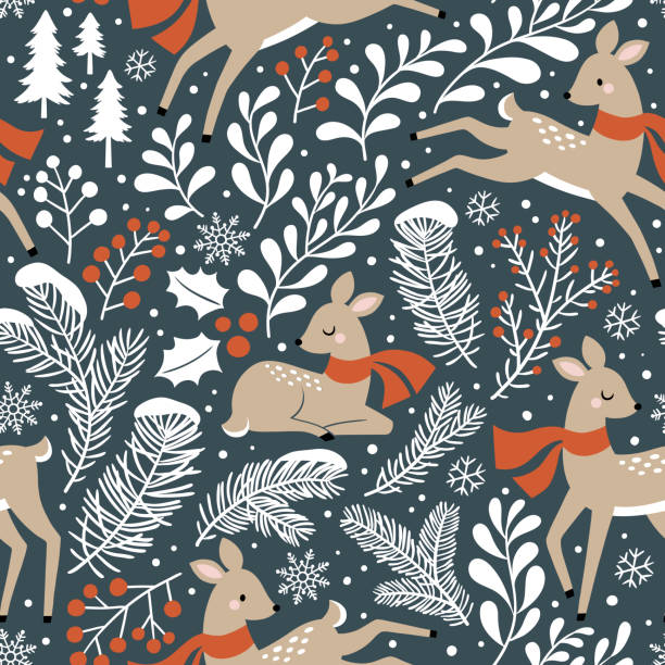 nahtloses vektormuster mit niedlichen weihnachtshirschen, pinien, beeren und schneeflocken auf dunkelgrauem hintergrund. - pattern wood backgrounds repetition stock-grafiken, -clipart, -cartoons und -symbole