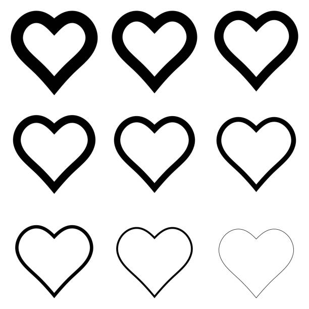 ilustraciones, imágenes clip art, dibujos animados e iconos de stock de establecer iconos de forma de corazón, símbolo vectorial de amor y corazones románticos con trazo de contorno grueso - corazones