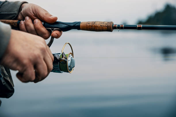 pesca de verano en el río en la madrugada. fondo de pesca. - fishing reel fotografías e imágenes de stock